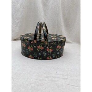 Vintage Floral Metal Sewing Box Oval Storage Tin Cottagecore Craft Organizer